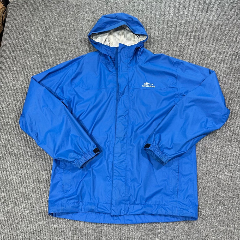 Grundens Rain Jacket Mens Large Storm Seeker Blue Nylon Hooded Zip Outdoor Coat